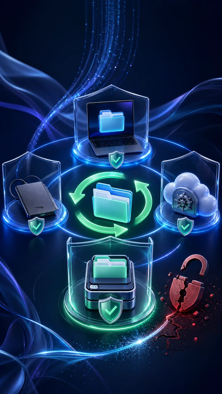 Protected copies of files on a computer, external drive, cloud vault, and isolated recovery device. · image 1 of 1
