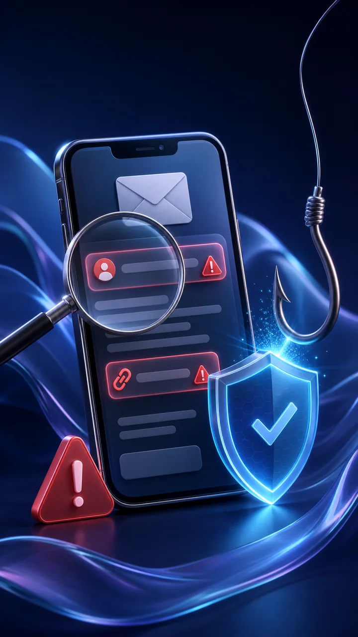A phone with a suspicious message being inspected while a shield blocks a phishing hook. · image 1 of 1